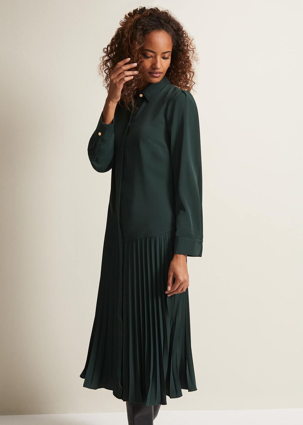 Helena Pleated Shirt Midi Dress - Dark Green