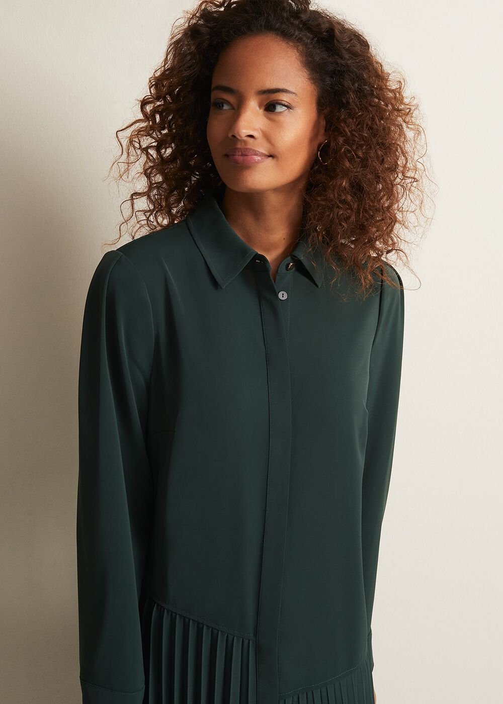 Helena Pleated Shirt Midi Dress - Dark Green