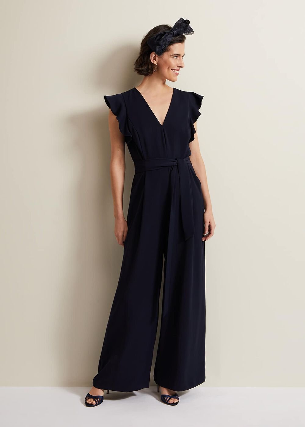 V-Neck Wide Leg Jumpsuit with Frill Sleeves in Dark Navy - Navy