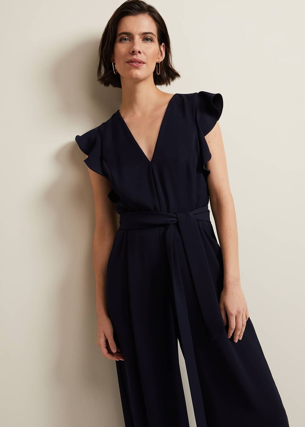 V-Neck Wide Leg Jumpsuit with Frill Sleeves in Dark Navy - Navy