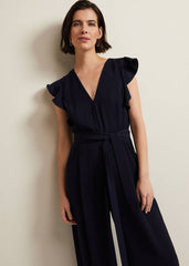 V-Neck Wide Leg Jumpsuit with Frill Sleeves in Dark Navy - Navy