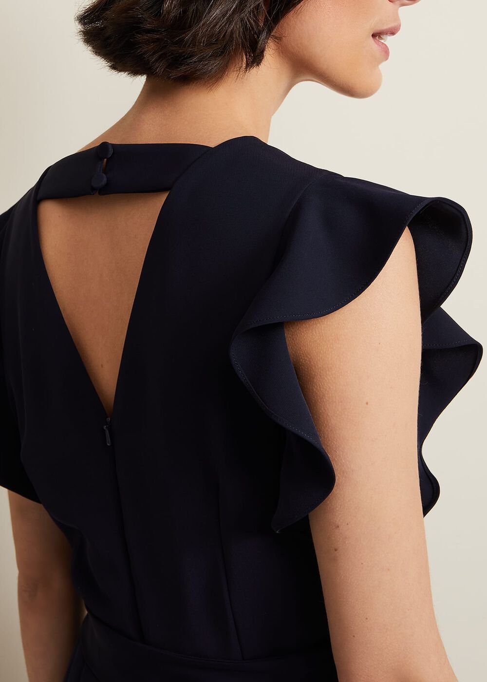 V-Neck Wide Leg Jumpsuit with Frill Sleeves in Dark Navy - Navy