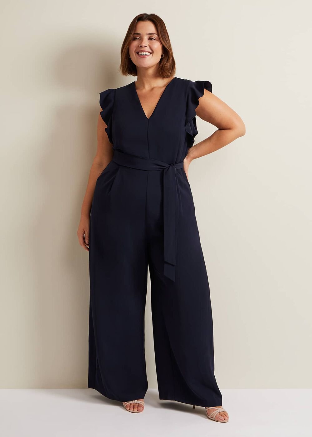 V-Neck Wide Leg Jumpsuit with Frill Sleeves in Dark Navy - Navy