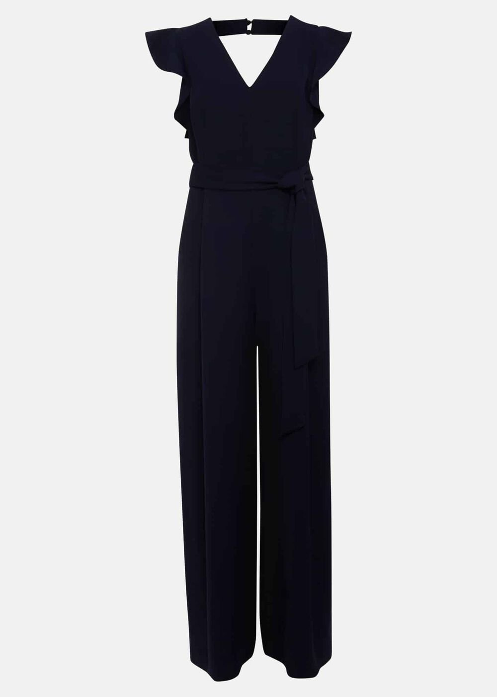 V-Neck Wide Leg Jumpsuit with Frill Sleeves in Dark Navy - Navy