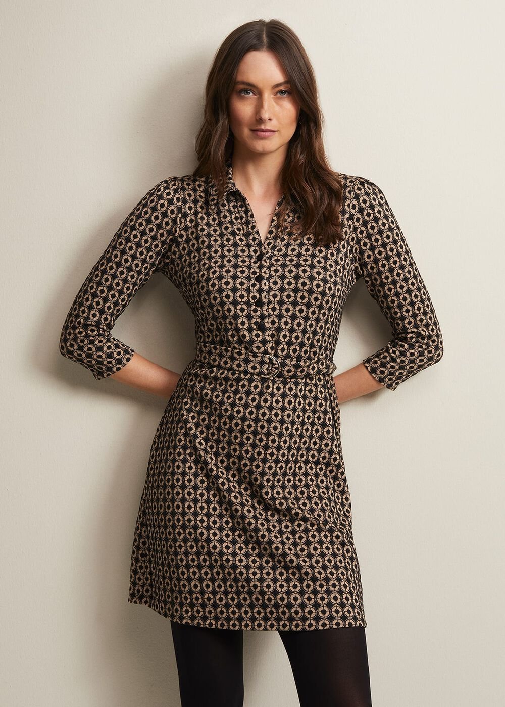 Geometric Mini Shirt Dress in Black & Camel - Black/Camel