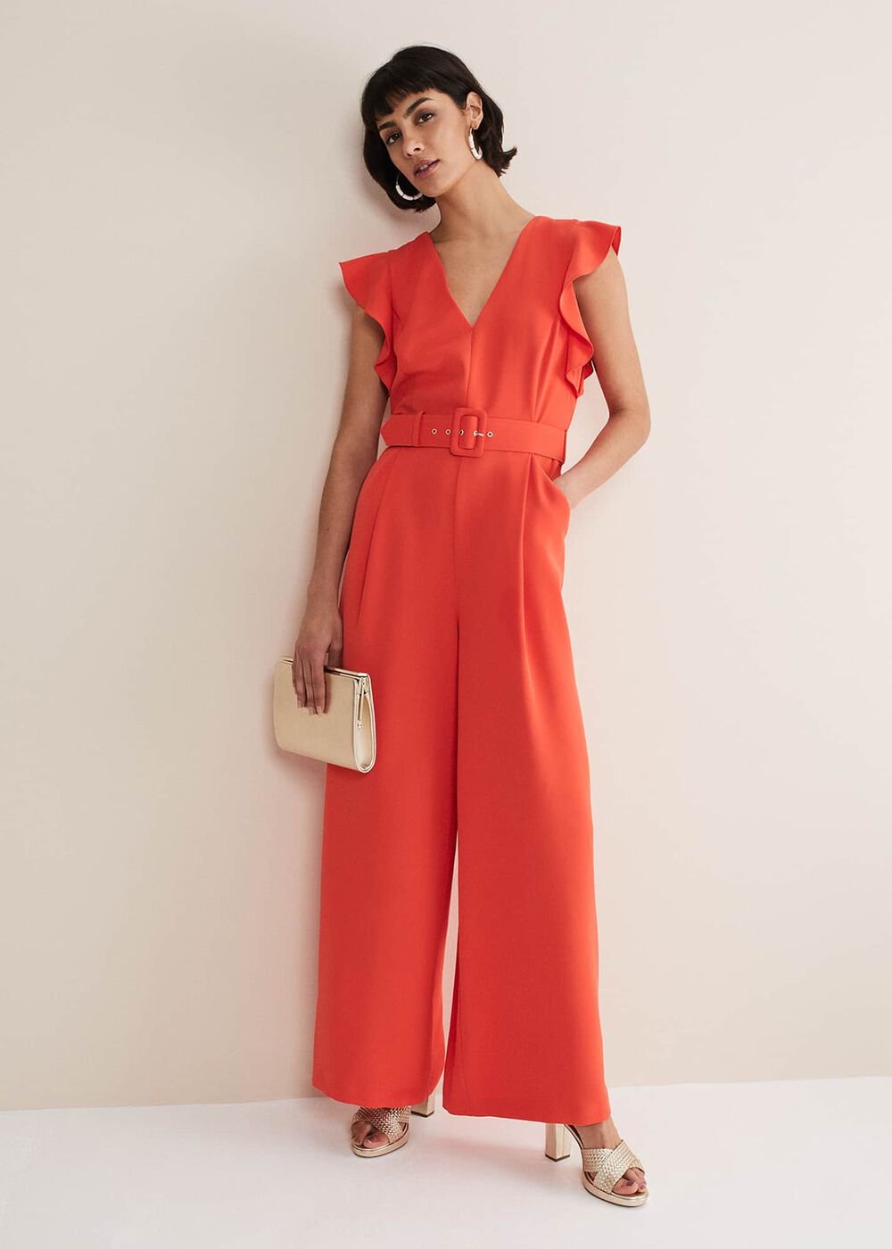 Kallie V Neck Frill Jumpsuit - Orange