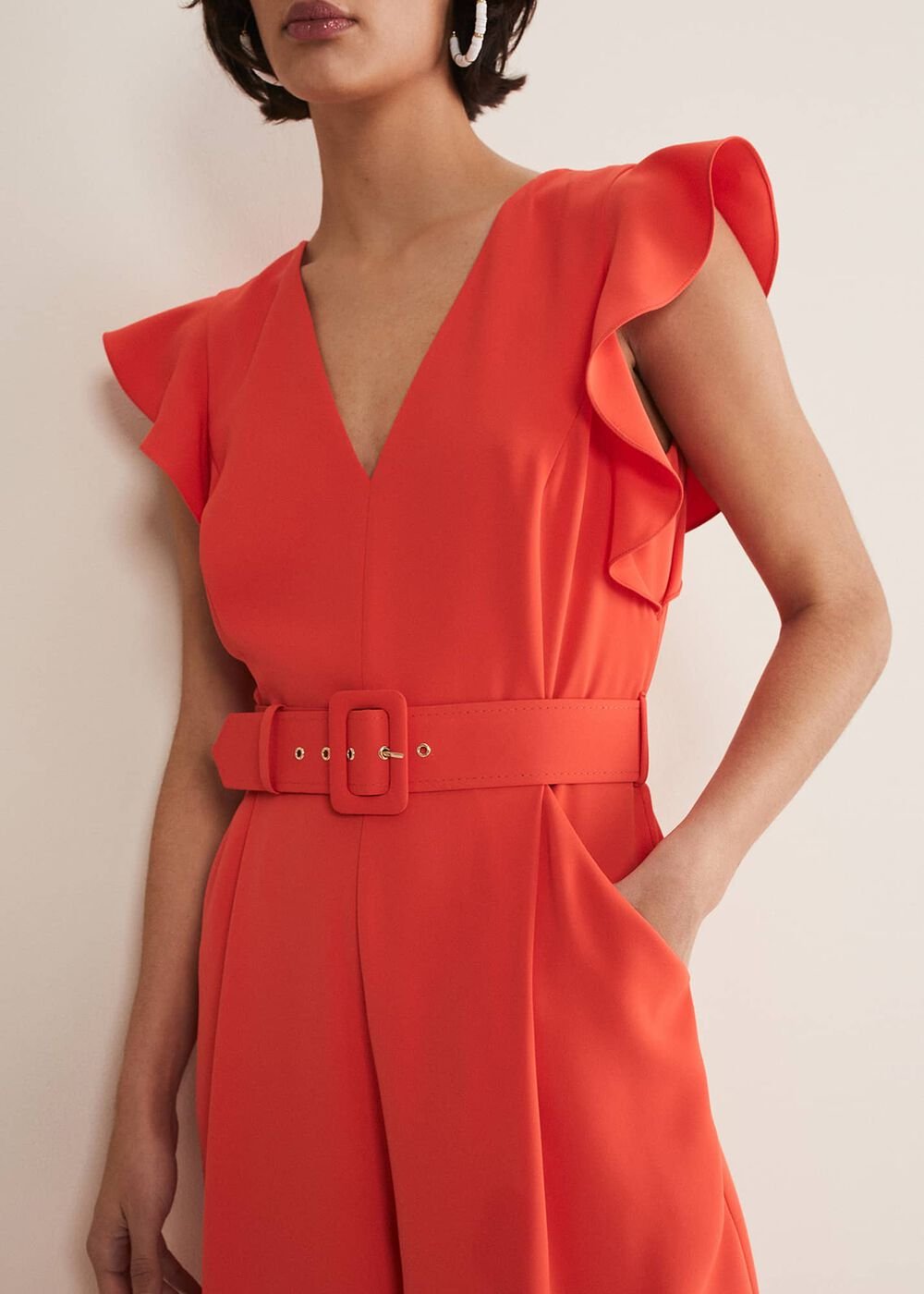 Kallie V Neck Frill Jumpsuit - Orange
