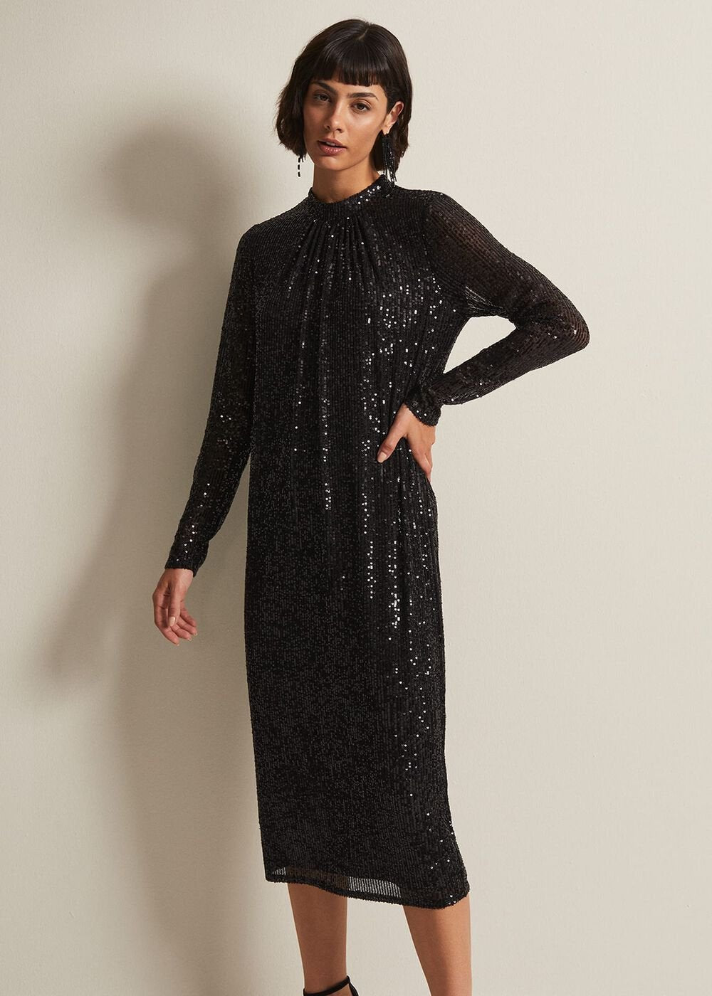 Cindy Black Sequin Midi Dress - Black