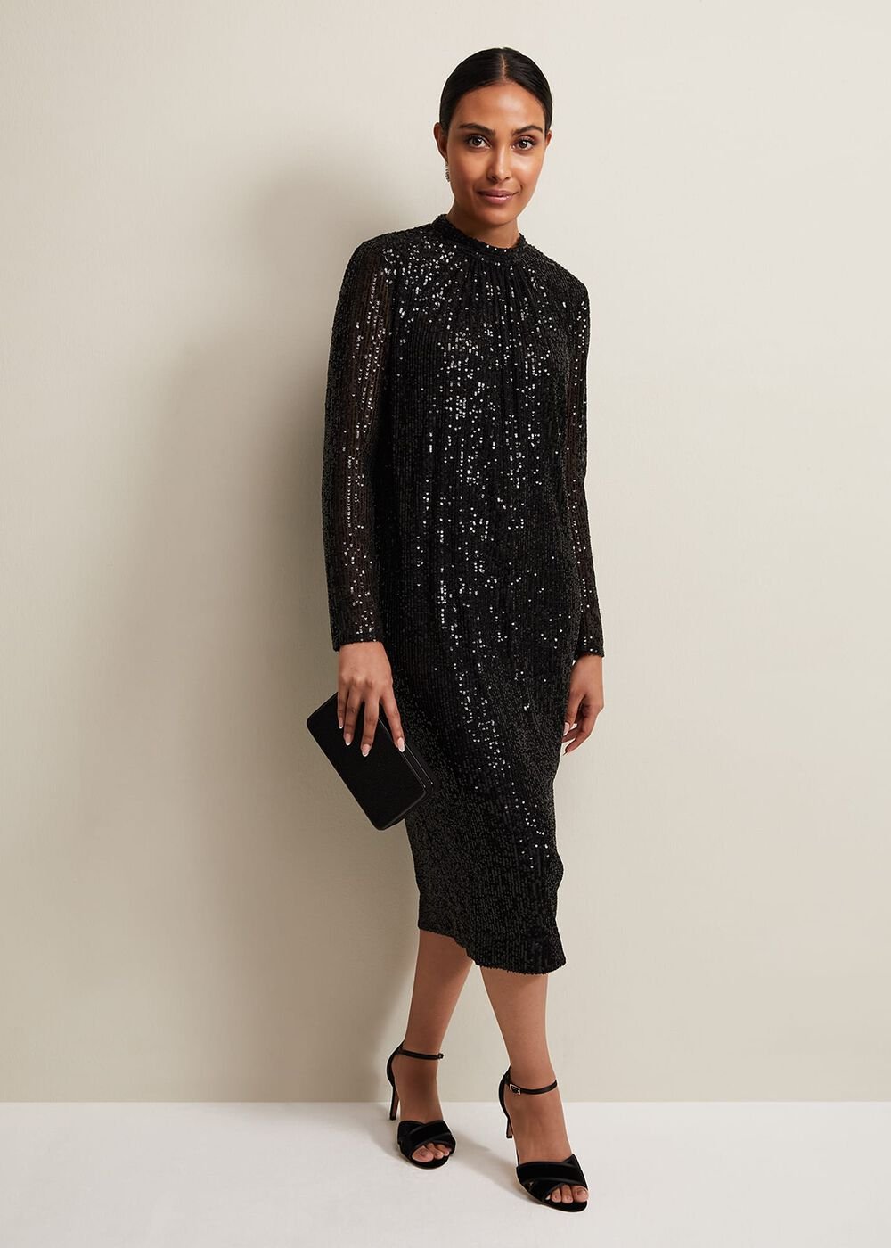 Petite Cindy Black Sequin Midi Dress - Black
