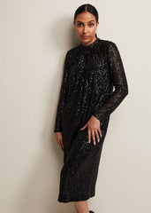 Petite Cindy Black Sequin Midi Dress - Black