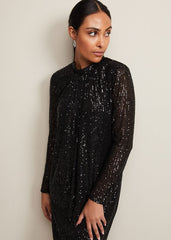 Petite Cindy Black Sequin Midi Dress - Black