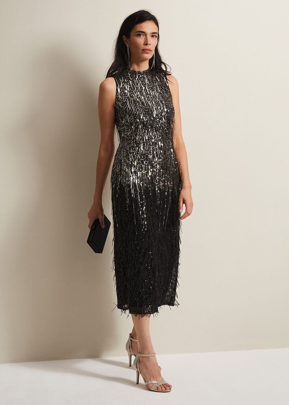 Clover Sequin Fringe Maxi Dress - Black
