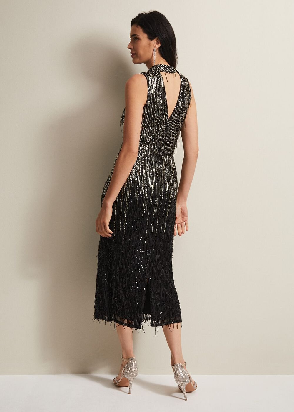 Clover Sequin Fringe Maxi Dress - Black