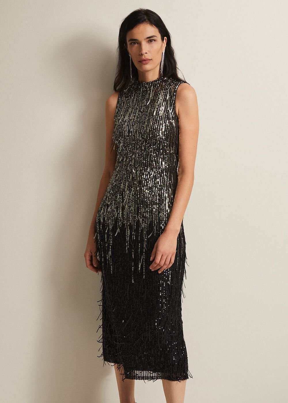 Clover Sequin Fringe Maxi Dress - Black