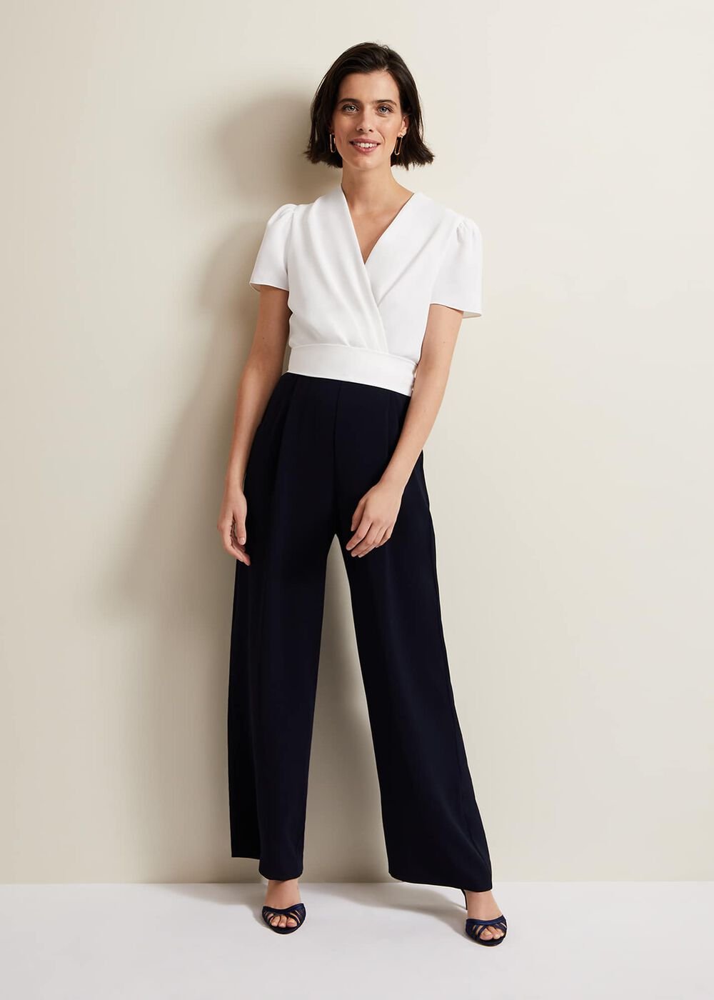 Black & White Jumpsuit with Wrap Bodice & Tie Detail - Navy/Ivory