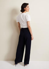 Black & White Jumpsuit with Wrap Bodice & Tie Detail - Navy/Ivory