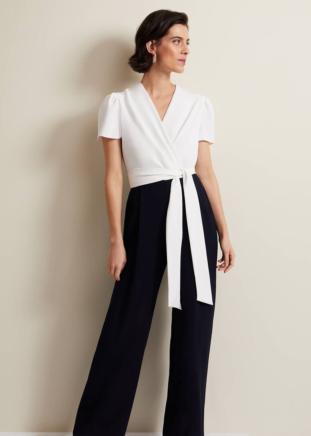 Black & White Jumpsuit with Wrap Bodice & Tie Detail - Navy/Ivory