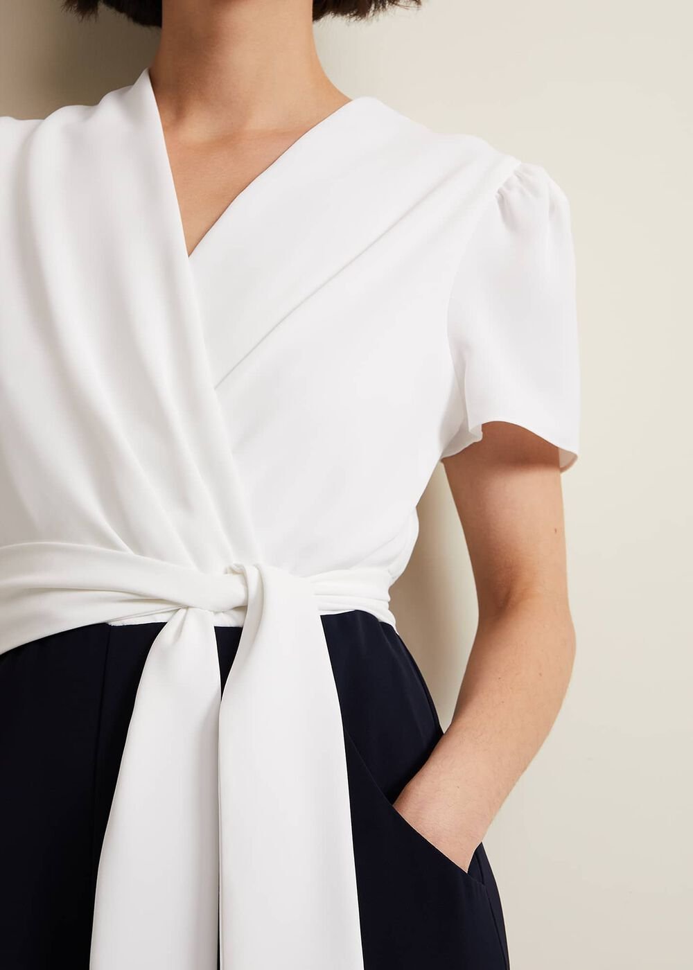 Black & White Jumpsuit with Wrap Bodice & Tie Detail - Navy/Ivory
