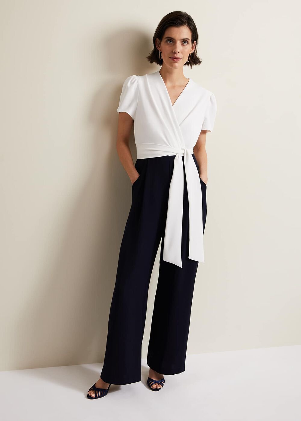 Black & White Jumpsuit with Wrap Bodice & Tie Detail - Navy/Ivory