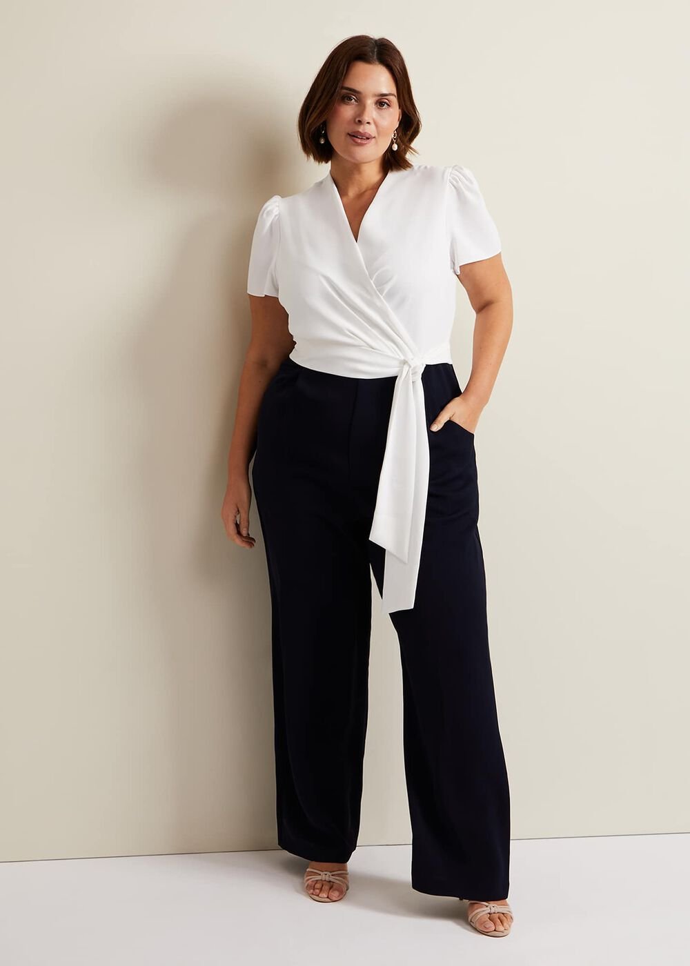 Black & White Jumpsuit with Wrap Bodice & Tie Detail - Navy/Ivory