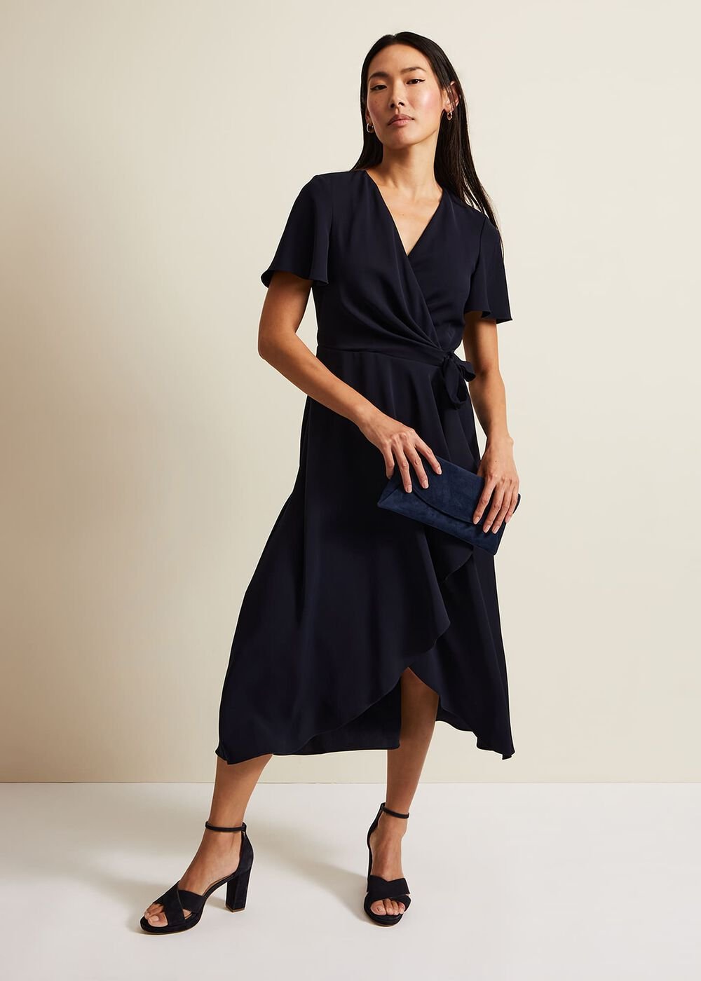 Navy Frill Wrap Dress with V-Neck & Fluted Sleeves - Navy