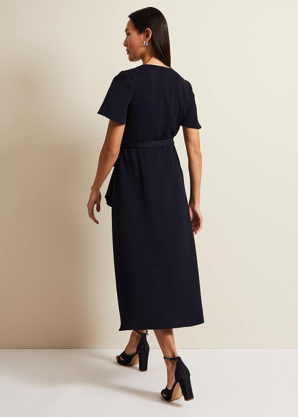 Navy Frill Wrap Dress with V-Neck & Fluted Sleeves - Navy