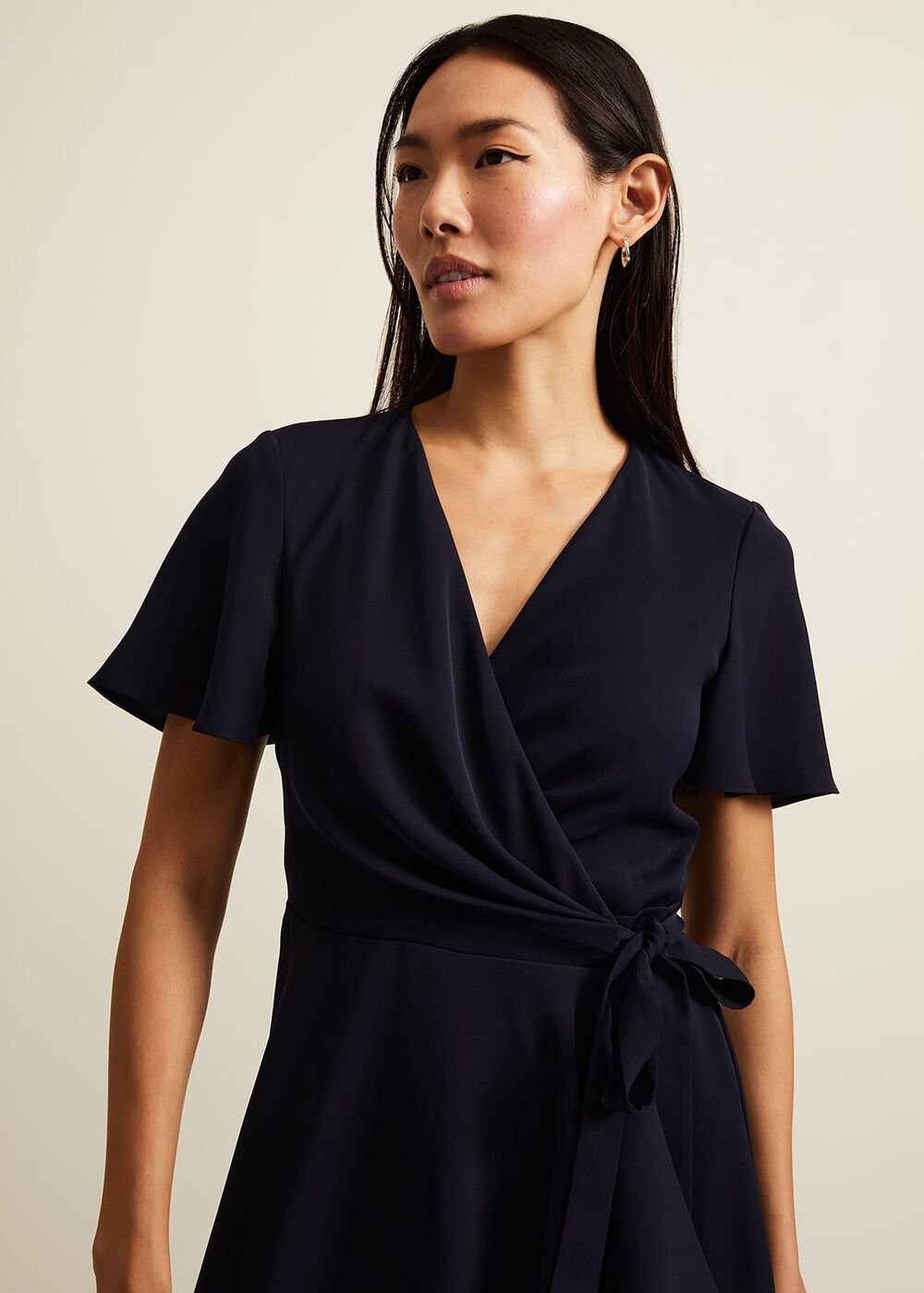 Navy Frill Wrap Dress with V-Neck & Fluted Sleeves - Navy