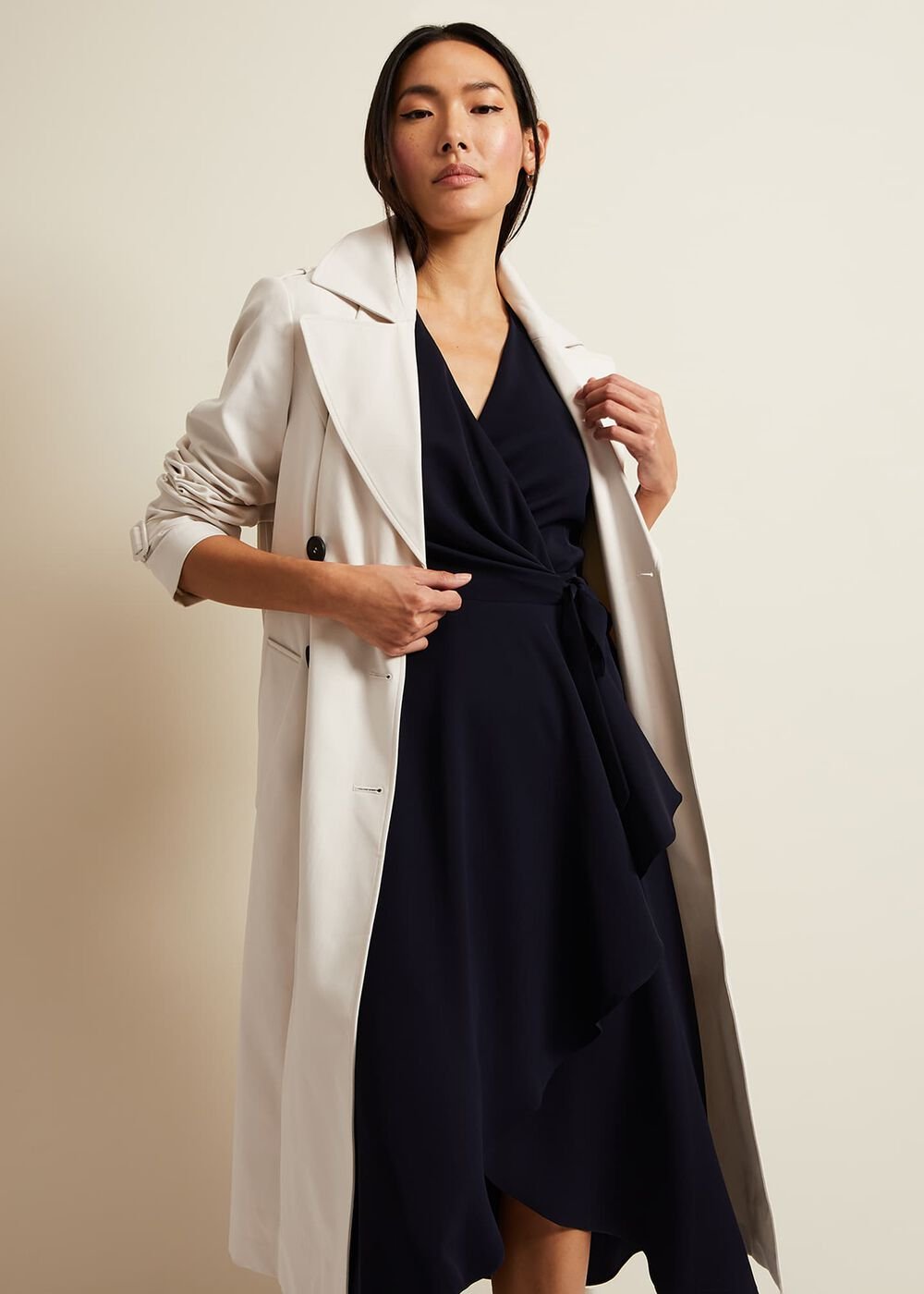 Navy Frill Wrap Dress with V-Neck & Fluted Sleeves - Navy