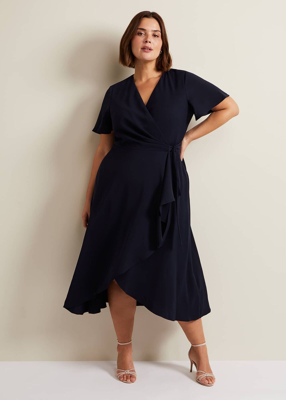 Navy Frill Wrap Dress with V-Neck & Fluted Sleeves - Navy