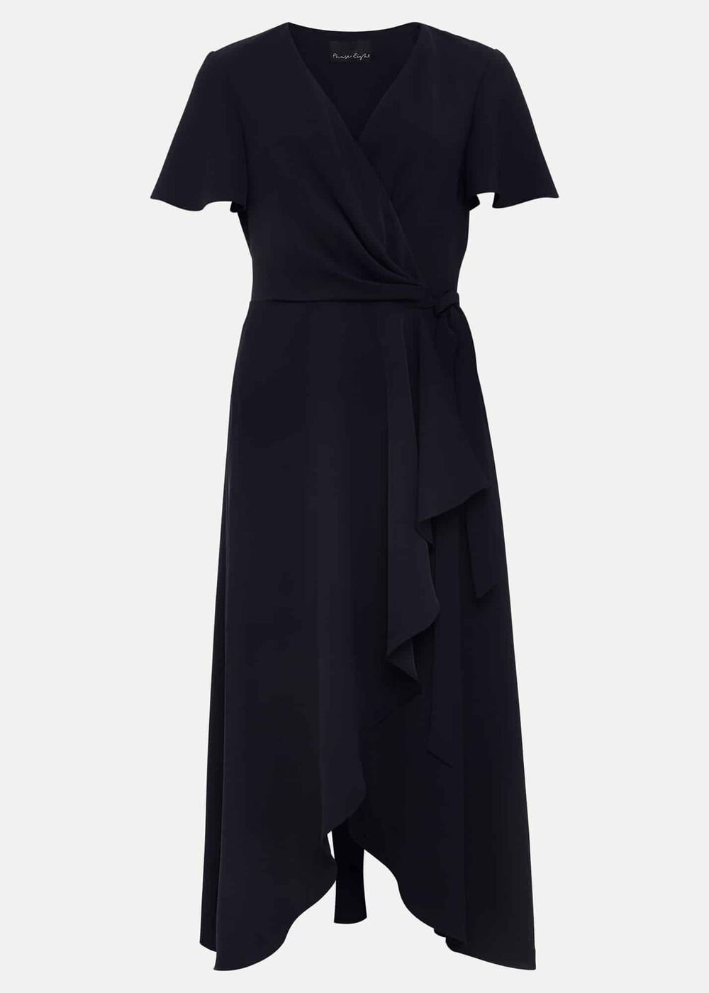 Navy Frill Wrap Dress with V-Neck & Fluted Sleeves - Navy