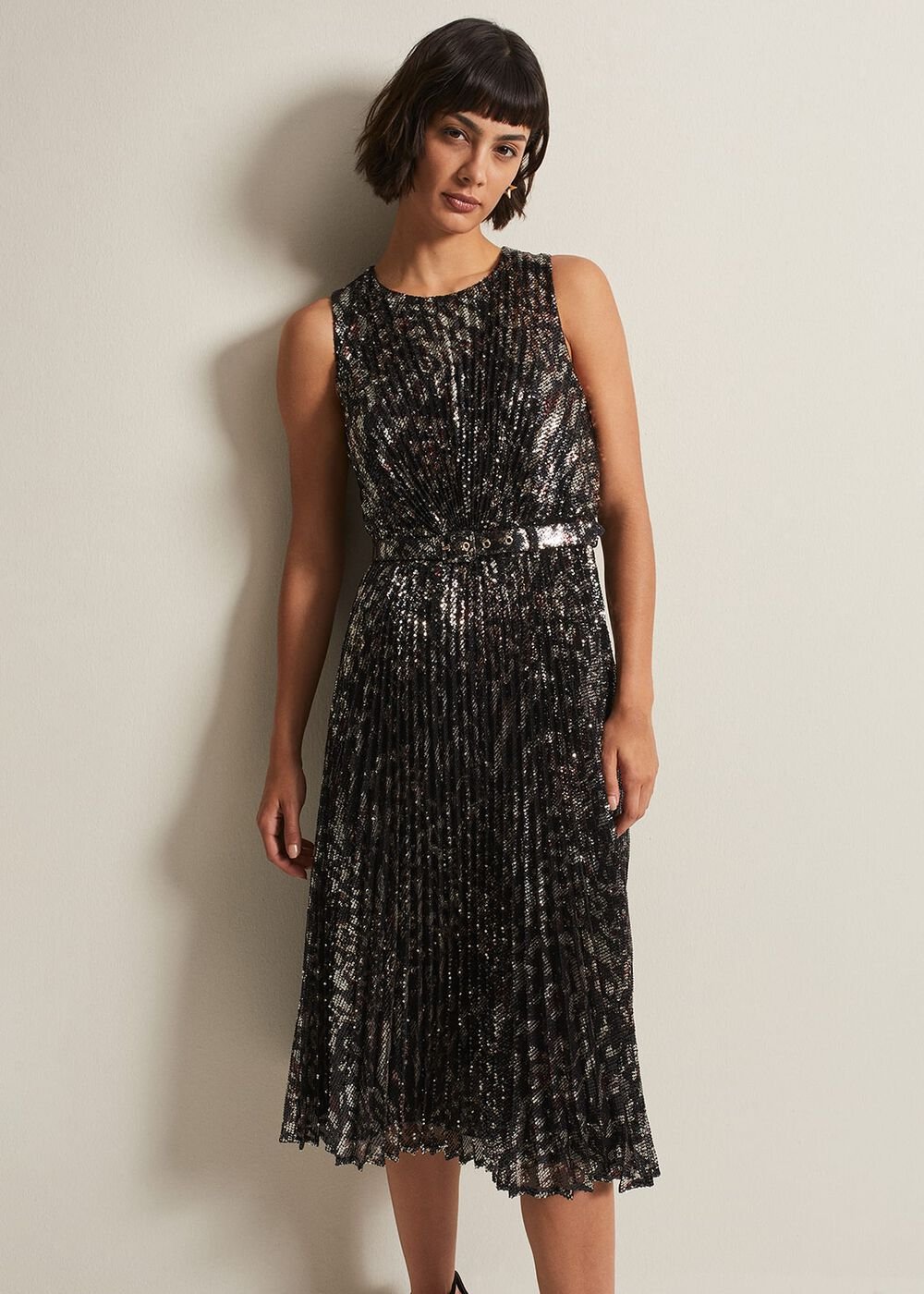 Simara Leopard Sequin Pleated Midi Dress - Multi-Coloured