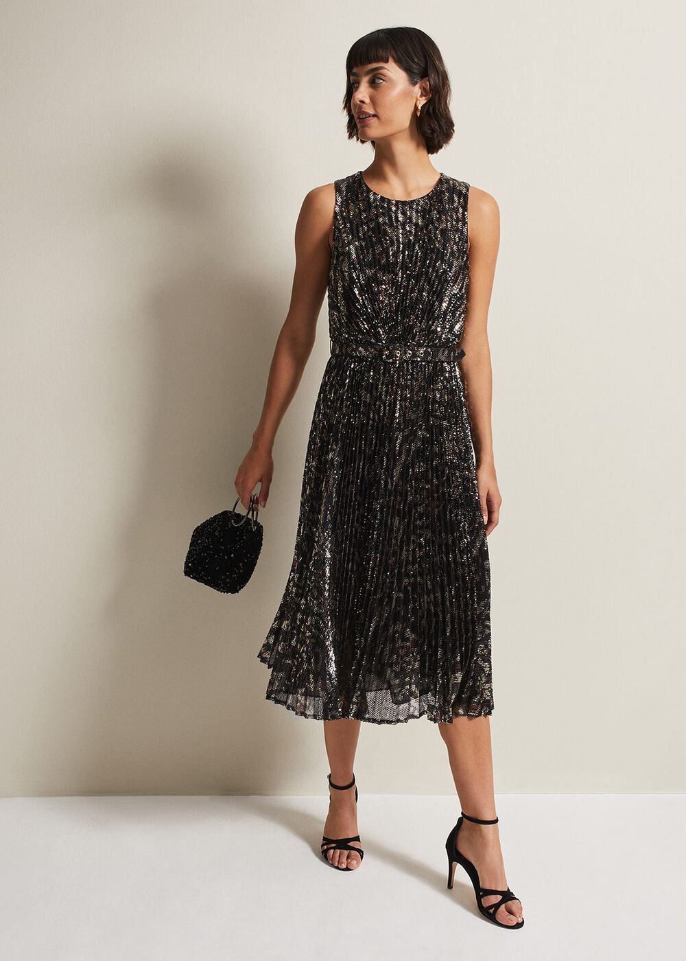 Simara Leopard Sequin Pleated Midi Dress - Multi-Coloured