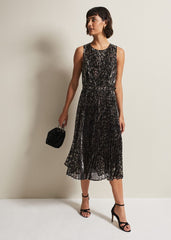 Simara Leopard Sequin Pleated Midi Dress - Multi-Coloured