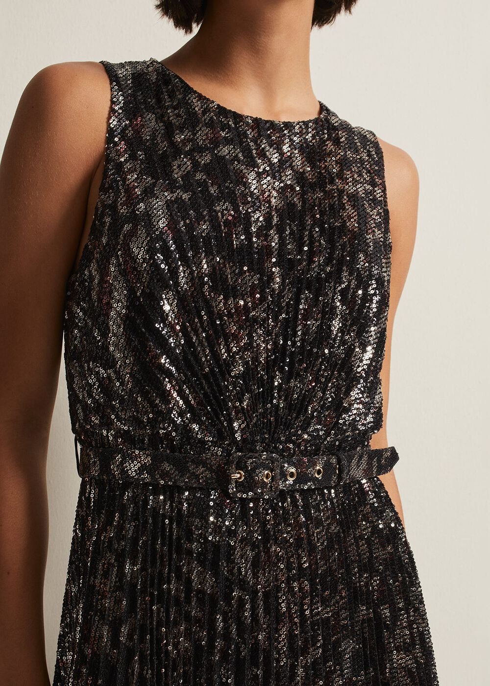 Simara Leopard Sequin Pleated Midi Dress - Multi-Coloured