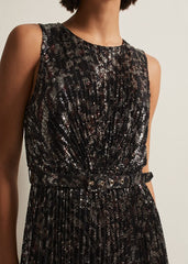 Simara Leopard Sequin Pleated Midi Dress - Multi-Coloured