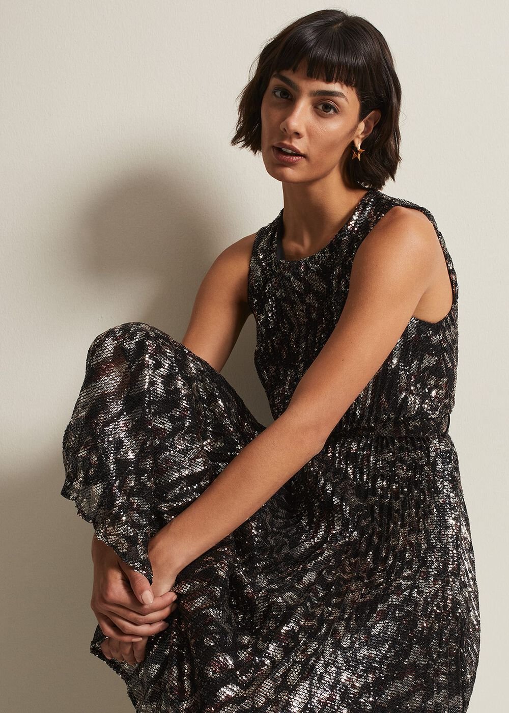 Simara Leopard Sequin Pleated Midi Dress - Multi-Coloured