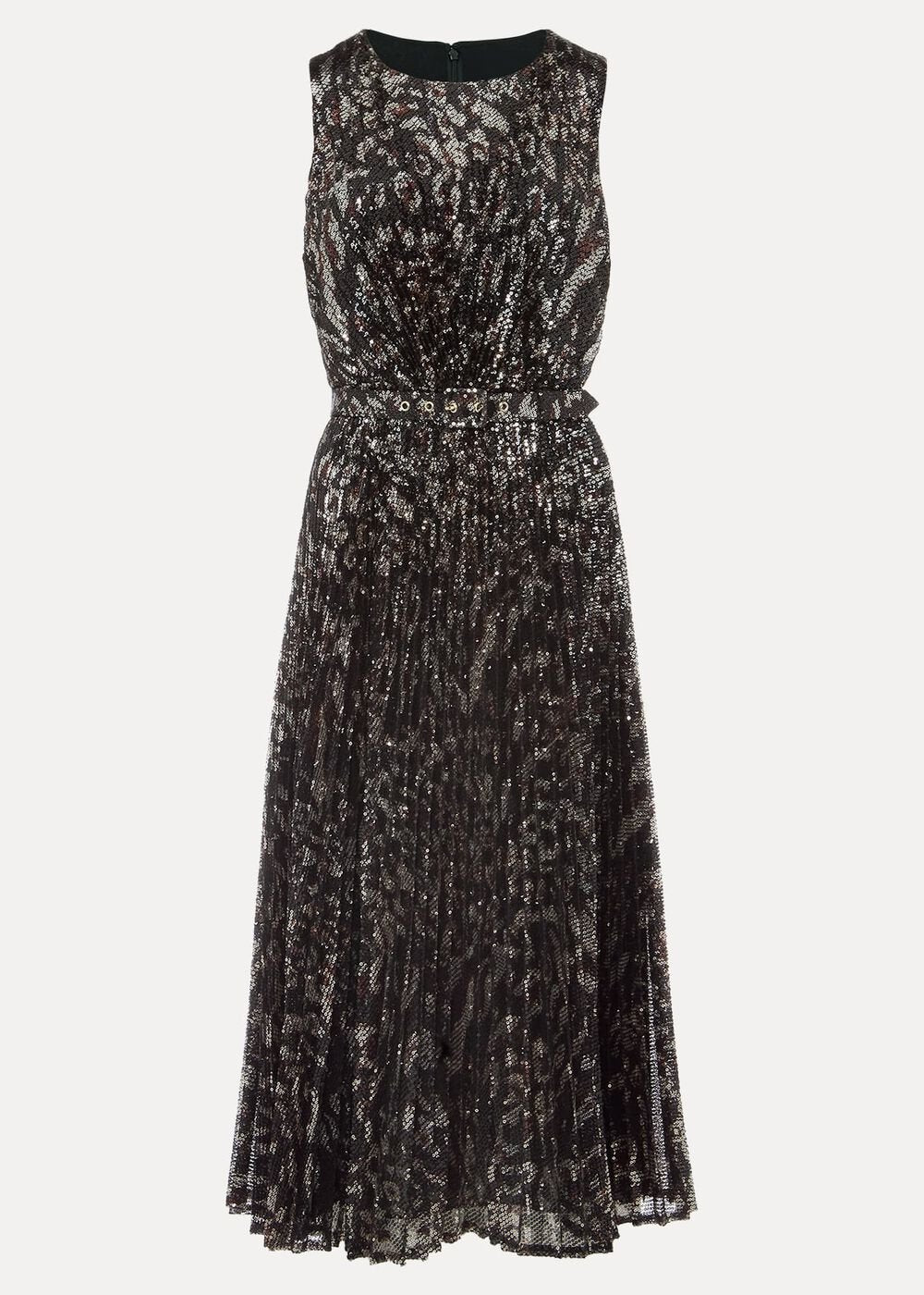 Simara Leopard Sequin Pleated Midi Dress - Multi-Coloured