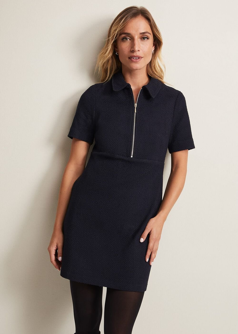 Lana Tweed Zip Tunic Mini Dress - Navy