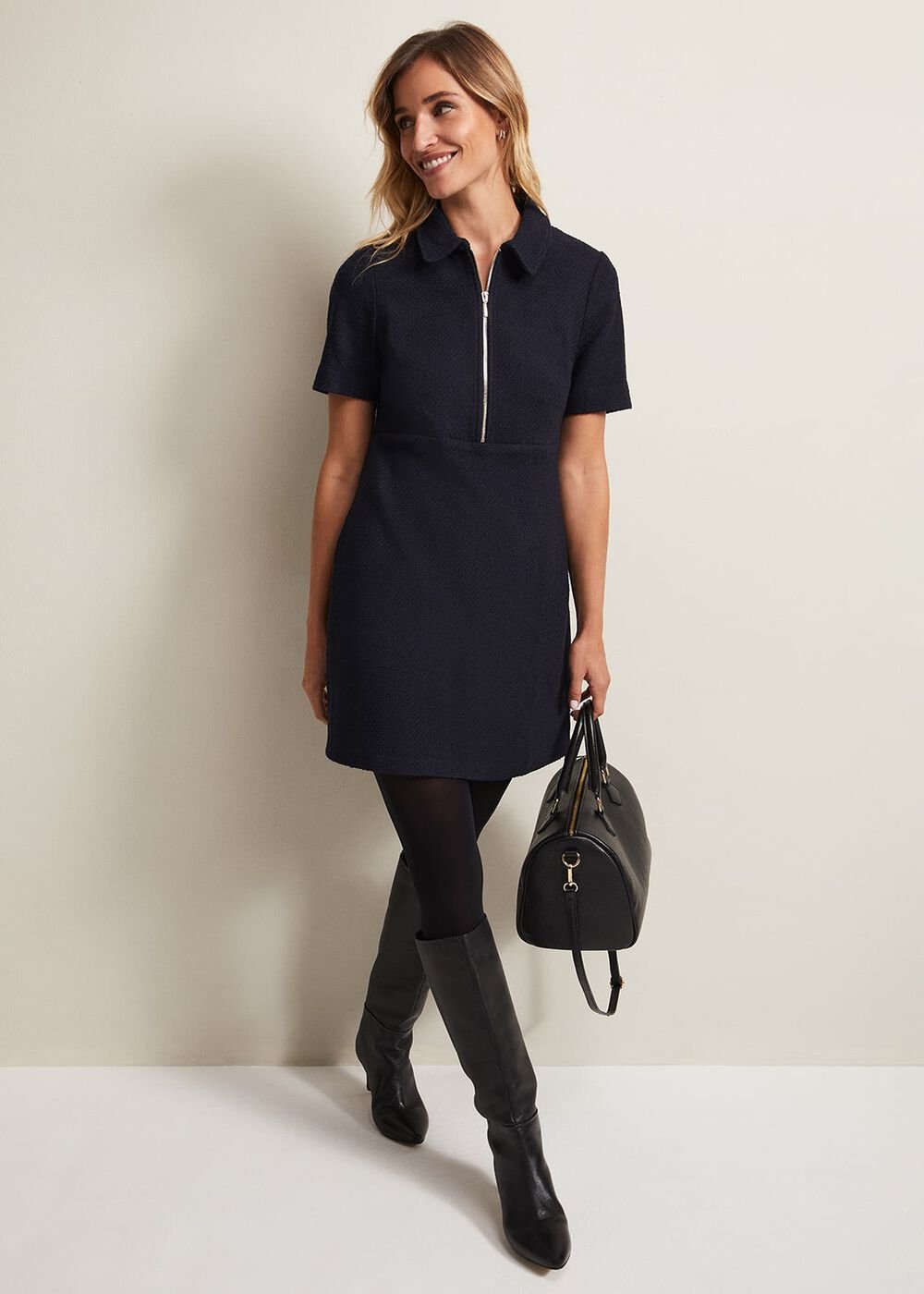 Lana Tweed Zip Tunic Mini Dress - Navy
