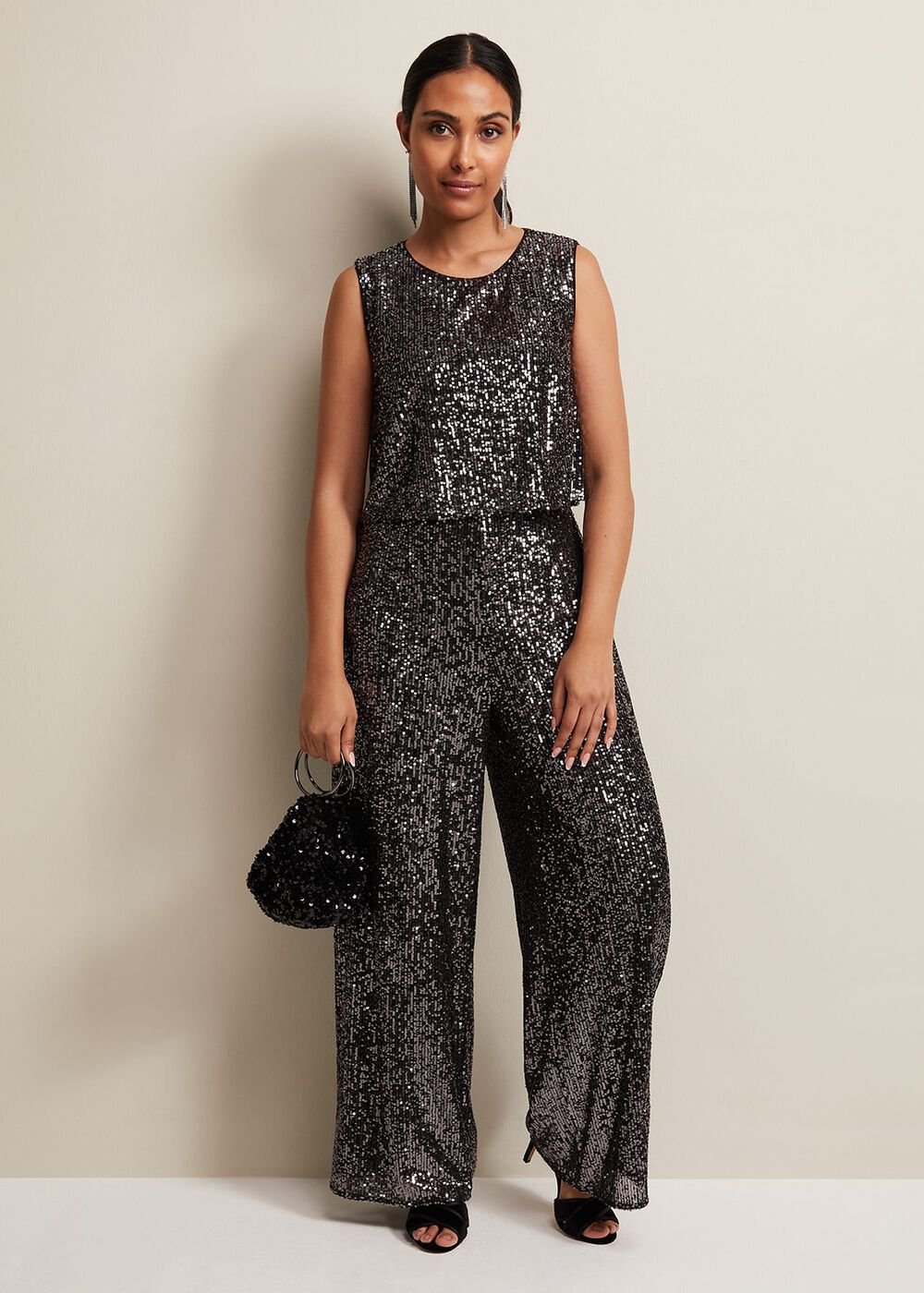 Petite Aubrey Sequin Wide Leg Jumpsuit - Gunmetal