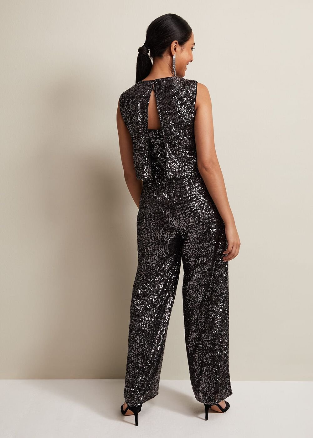 Petite Aubrey Sequin Wide Leg Jumpsuit - Gunmetal