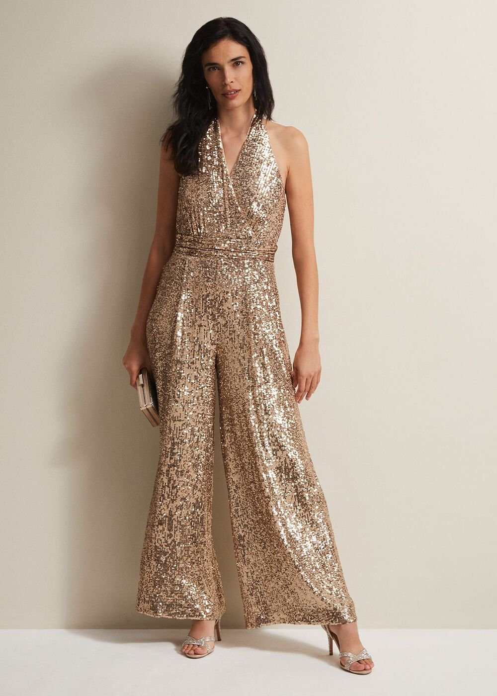 Clarabella Gold Sequin Halterneck Jumpsuit - Gold