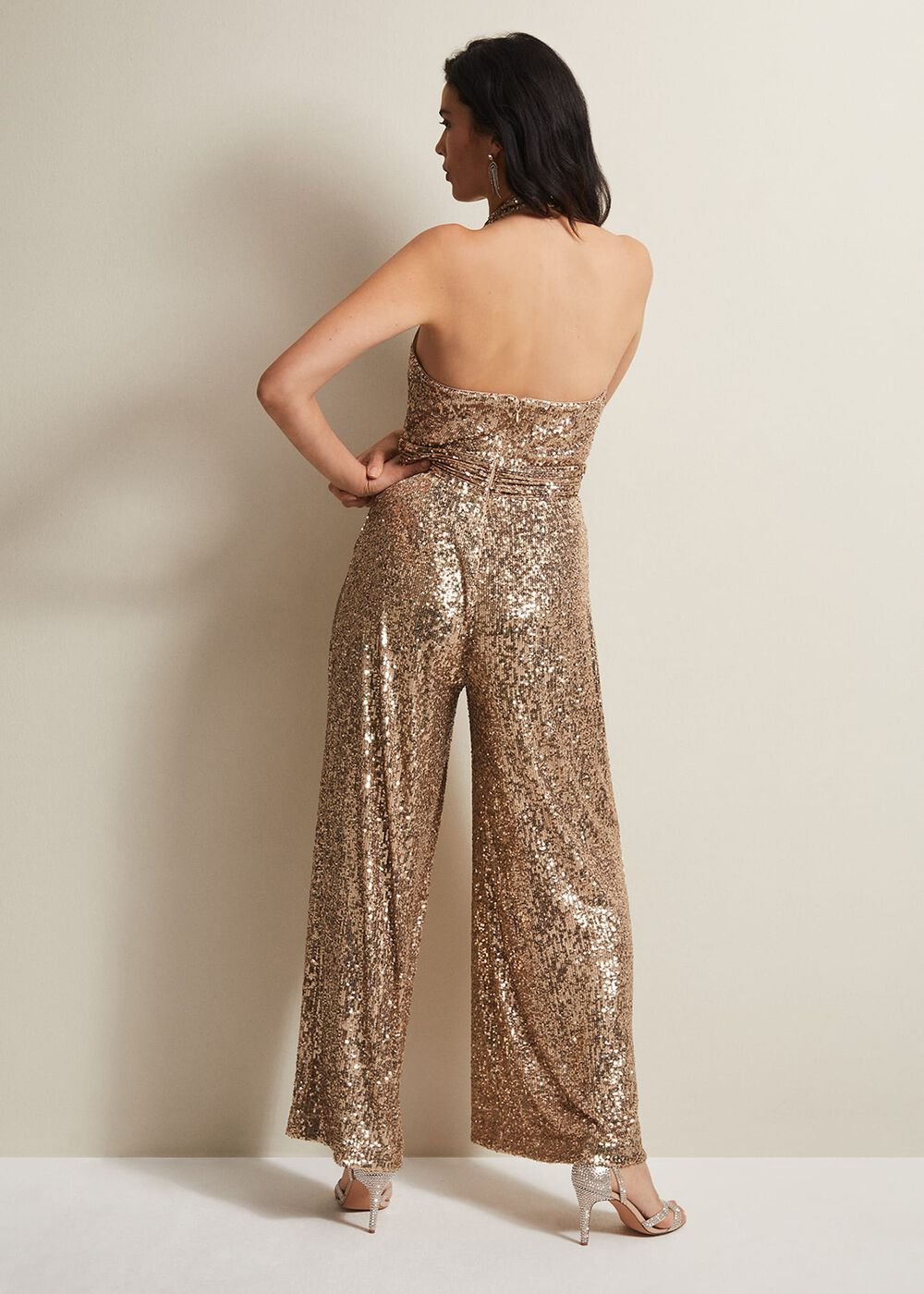 Clarabella Gold Sequin Halterneck Jumpsuit - Gold
