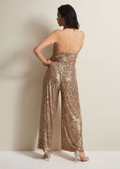 Clarabella Gold Sequin Halterneck Jumpsuit - Gold