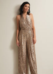 Clarabella Gold Sequin Halterneck Jumpsuit - Gold