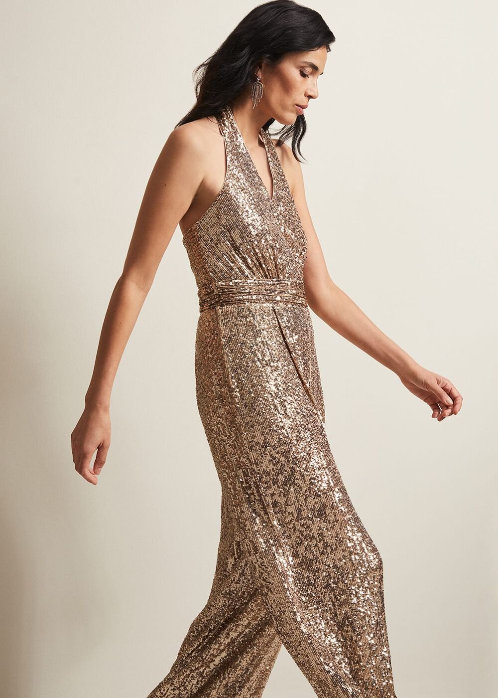 Clarabella Gold Sequin Halterneck Jumpsuit - Gold