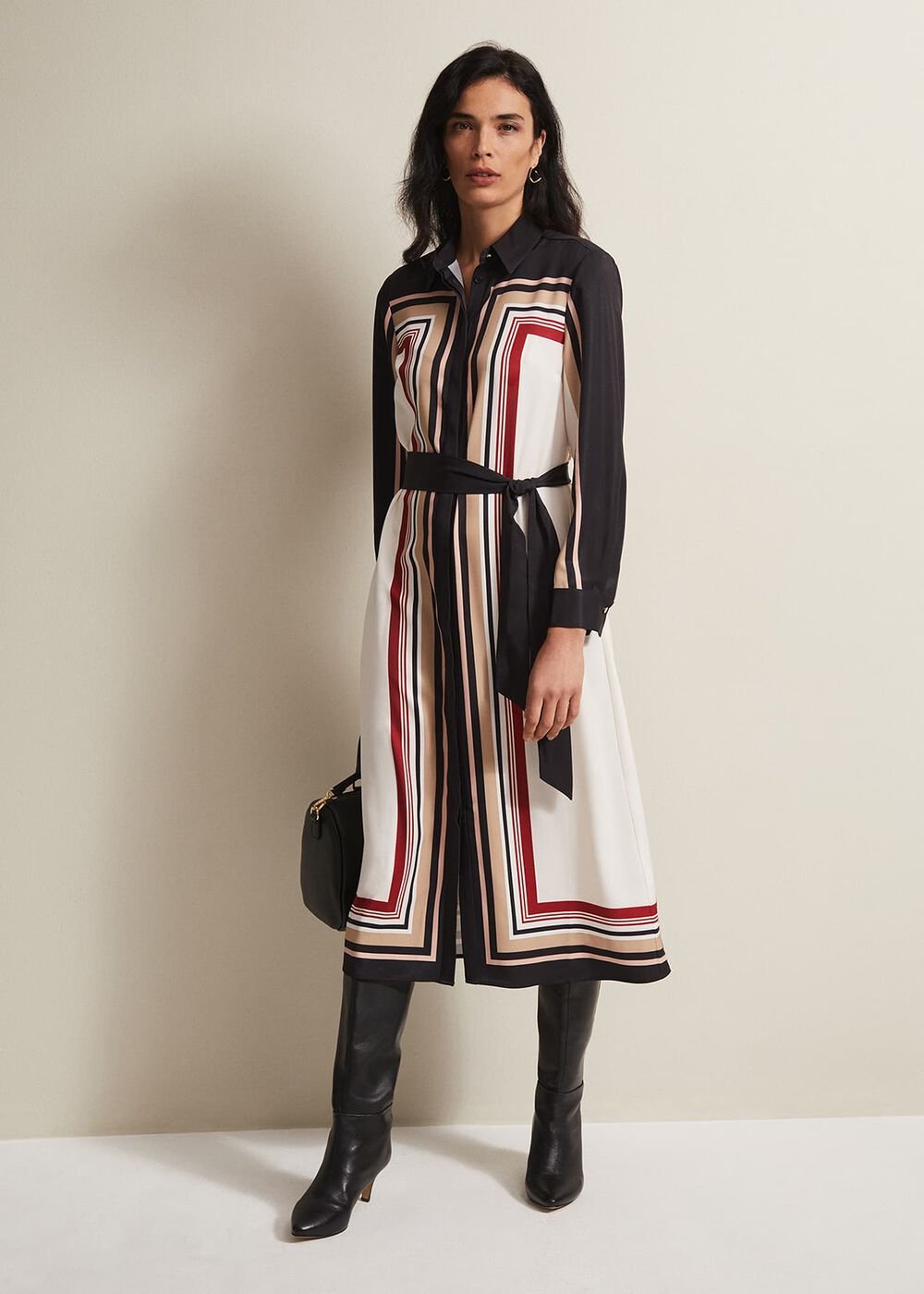 Black & White Striped Shirt Midi Dress - Black/Multi
