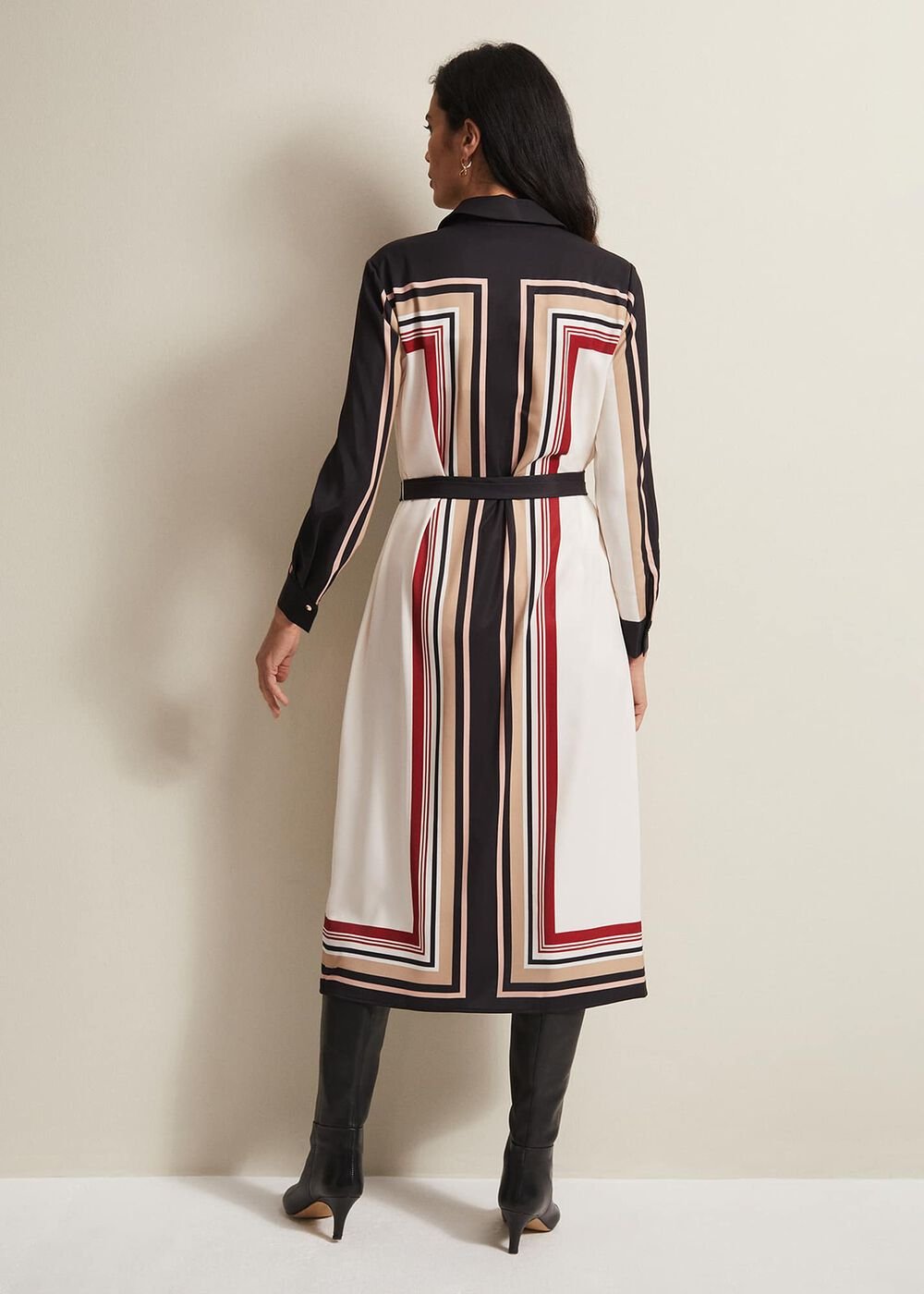 Black & White Striped Shirt Midi Dress - Black/Multi