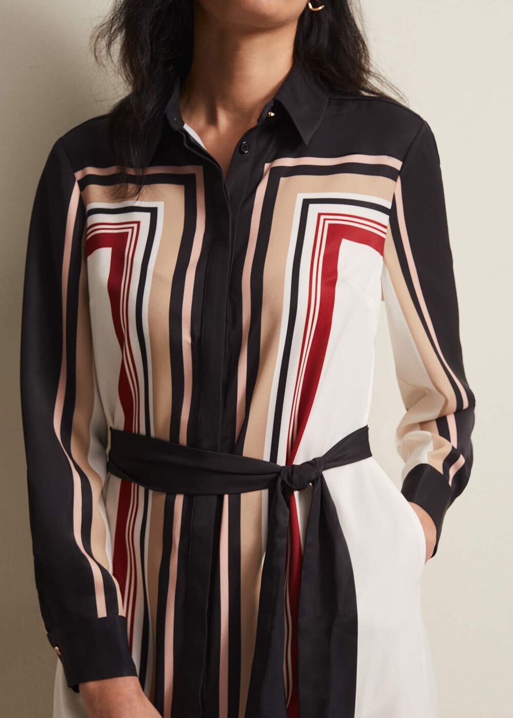 Black & White Striped Shirt Midi Dress - Black/Multi