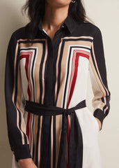 Black & White Striped Shirt Midi Dress - Black/Multi